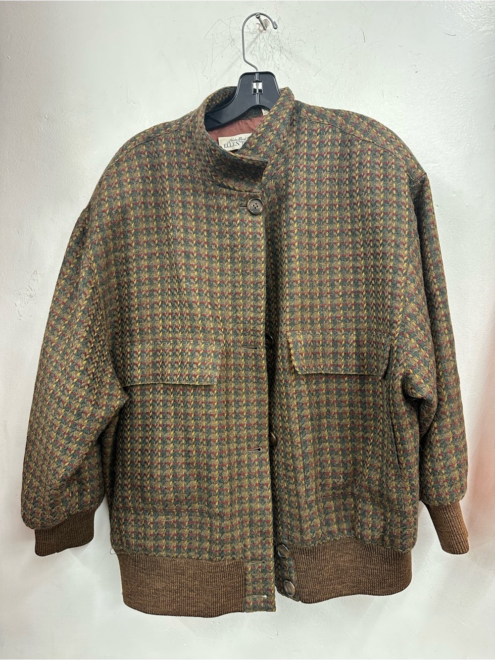 Linda Allard Peruvian alpaca cinsa Houndstooth Wool Brown plaid bomber jacket